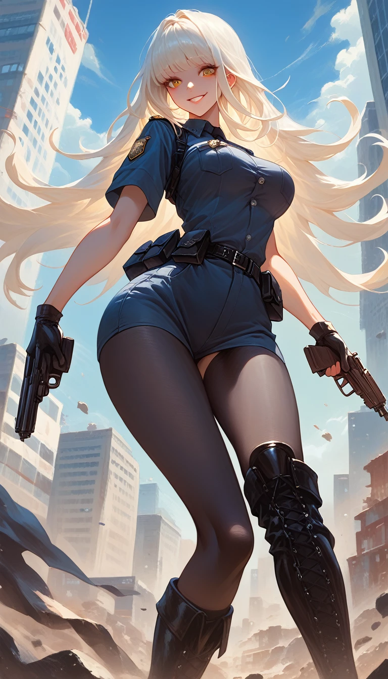 1girl, solo, blancrnd, (masterpiece, best quality), 8K, yellow eyes, white hair, long hair, hair intakes, bangs, wearing police uniform shirt, wearing bootyshorts, tactical belt, gloves, black thighhighs, knee boots, busty body, large breasts and a beautiful ass, showcasing cleavage, legs, hips, holding gun, looking at viewer, smile, detailed thigh, detailed fully body, city background