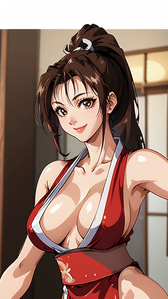 ((Upper Body、Mai Shiranui,ponytail,Background is a Japanese-style room in a Japanese house:1.3)),upper body, Looking at the audience,Slim and sexy figure, the best quality, (8k), (4K),(masterpiece), (the best quality), Extremely detailed, Game CG, Ultra Detailed, illustration, Beautiful Body,Beautiful nose,fair character design, Perfect Eye, Perfect Face , 1 girl, 30 years,Fair Finger,Fair body, Fair Nose,Fair character design, perfect Eye, perfect Face,expressive Eye,Perfect balance,(Focus on her Face),(Light_Smile:0.3), official art,Extremely detailed CG Unity 8K wallpaper, Perfect lighting,rich and colourful, bright_front_Face_Lighting,White skin, (masterpiece:1.0),(the best_quality:1.0), Ultra-high resolution,4K,Ultra Detailed, photography, 8k, HDR, high resolution, Kodak Portrait 400, Film Grain, Blurred background, bokeh:1.2,Professional photographer, (Fair,Big goals_Chest:1.4), underwear,lace, underwear, lingerie、(((smile,pretty face:1.3)))