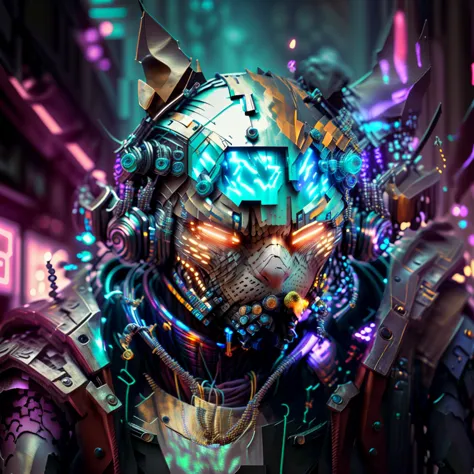 cyberpunk arafed pitbull dog in a spacesuit with a glowing collar with holographic glasses with antennas with headphones,