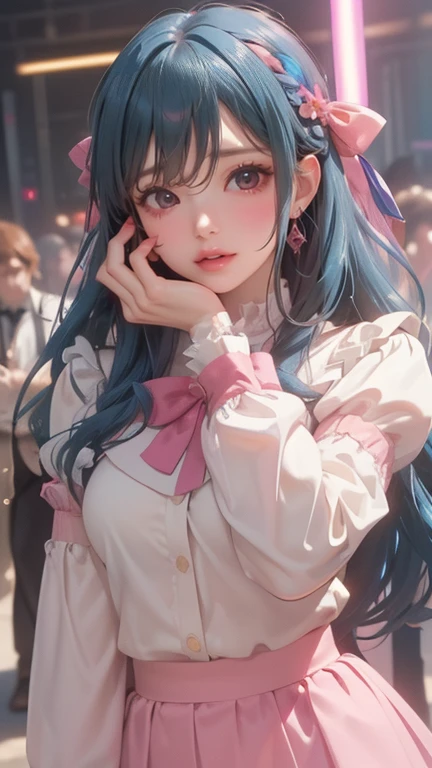 ((masterpiece, best quality, Highest image quality, ((best quality、8K、masterpiece:1.3)) masterpiece, Neon lights, PENeonSign, Neon lights, Luminescence, rich and colorful, 1 Girl, Neon lights, Bangs, Blue Hair, blunt Bangs, blush, bow, breast, Shut up, Request for comment, skirt, Drill hair, hair bow, Cover your face with your hands, high resolution, The Idolmaster, The Idolmaster shiny colors, Juliet Sleeves, Long hair, Long sleeve, Looking at the audience, medium breast, mole, mole under eye,