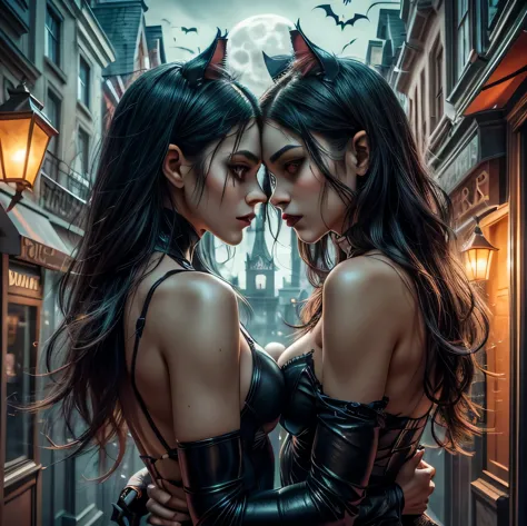 two women in catsuits are standing in a street, kylie jenner as catwoman, cat woman, by hedi xandt, catwoman, tumblr, doja cat a...