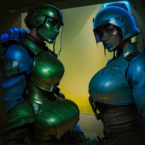 masterpiece, best quality, sci fi soldier, blue lipstick, badass armor, heavy warhammer armor, green armor, heavy armor, dark sk...