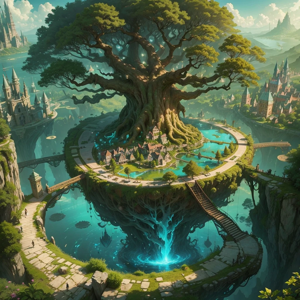 ((fanciful))The farthest aerial view, an island in the sea, There is a giant tree as big as the world on the island, Here are the basics of a natural magician, This is a magical city with a fantasy style, The giant tree is surrounded by the buildings of the Magic Academy and the village。and the sun was shining brightly，a complete city-state，Gorgeous magic array,trpical garden