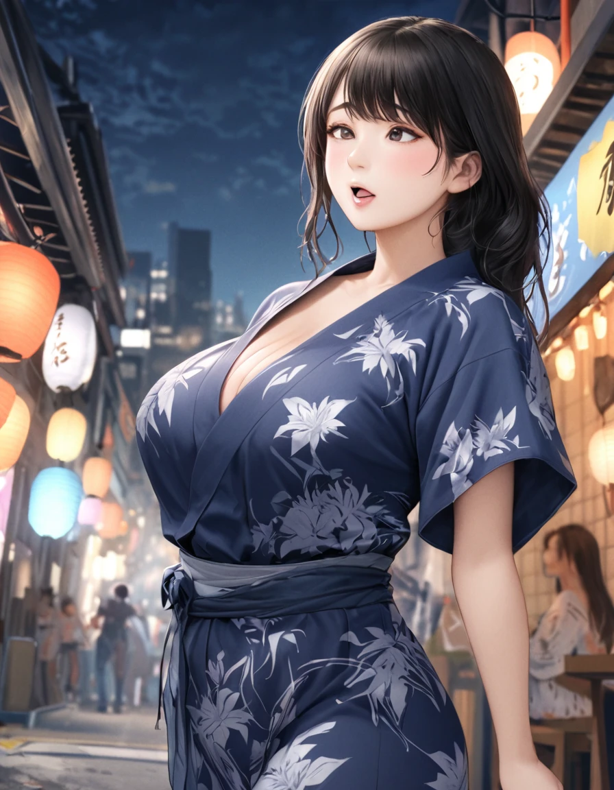 (Highest quality:1.2), One girl, yukata, Tanabata Festival, Cowboy Shot, Shoot from the front,,, (heavy chest:1.1, ), huge breasts), (heavy chest:1.1, ), ((orgasm, Ecstasy face,City lights at night,