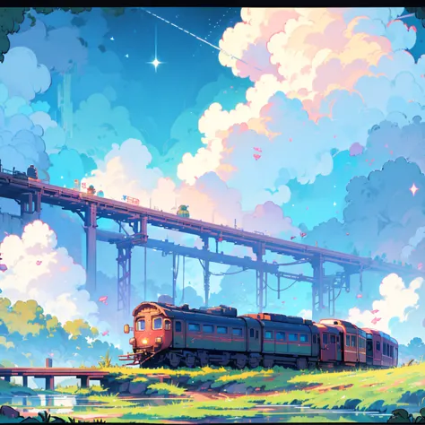 pixel art,a train runs through the beautiful starry night sky,