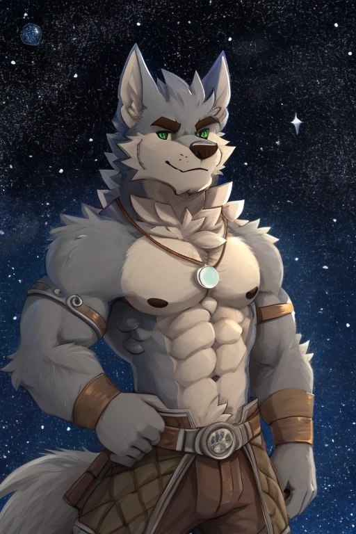 (great quality), lobo, alone, detailed face, detailed body, 5 fingers, Detailed hands, green eyes, detailed eyes, short hair, 2 arms, whole body, ((creative pose to draw it)), to the screen, ((starry background)), ((Whole body)), ((Posing)), por pache riggs