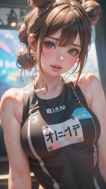 （8K，RAW photos， Best quality，Realistic images,
Long hair、((Extremely detailed),  (best quality), (Very detailed),
(8K, best quality, ((A cute woman with a space bun , A realistic, byChoi Buk, Artstation Contest Winners,  Mixed girl in a tank top swimsuit, Realistic anime face, Very realistic photos, realistic cosplay, Surrealism, 1 female model, Sweaty face, [ Realistic Photography ] Looking at the audience