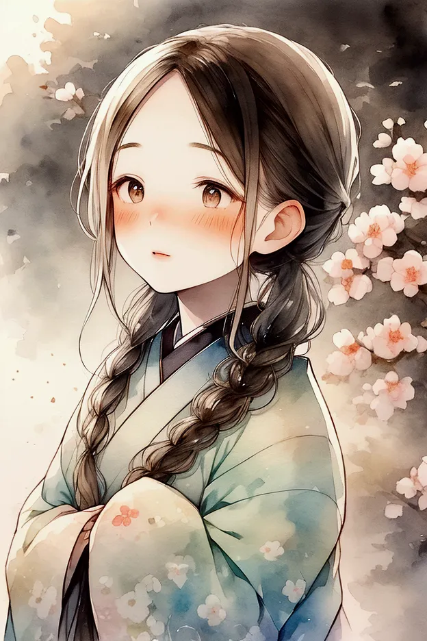 a close-up of a beautiful 30-year-old japanese woman gazing up at the sky, painted in watercolor style. the composition focuses ...