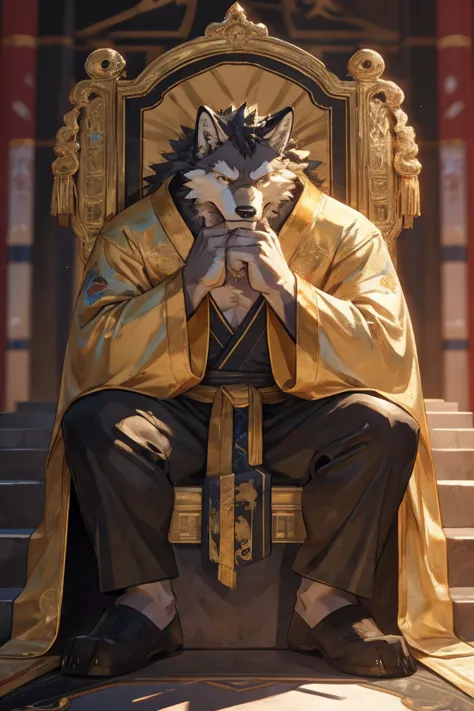 best quality，8k，the clearest，maximum resolution，sitting on the throne in the palace，holding chin with hands，male gray wolf，serio...