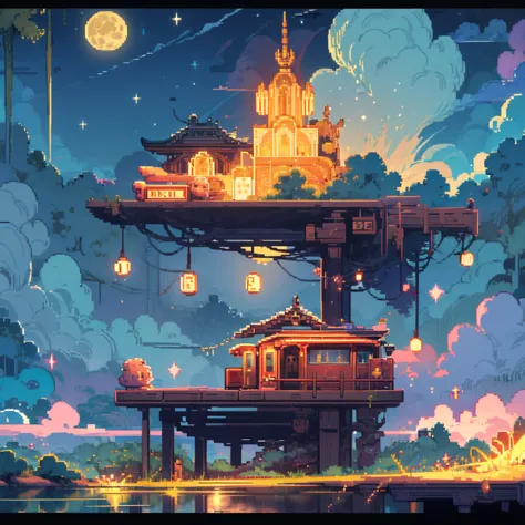 pixel art,星が綺麗なnight空,full moon,the train runs in the sky,night,look up