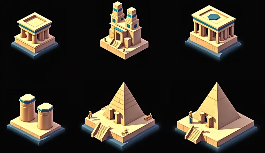 a close up of several different types of buildings, giant tomb structures, monolithic temple, egyptian setting, desert temple, ancient temple, Pyramid portal, castles and temple details, mysterious temple setting, isometric game asset, game assets, game icon feature, ancient Pyramid, game asset, game asset occult, large temples, Pyramid, Old buildings, temple