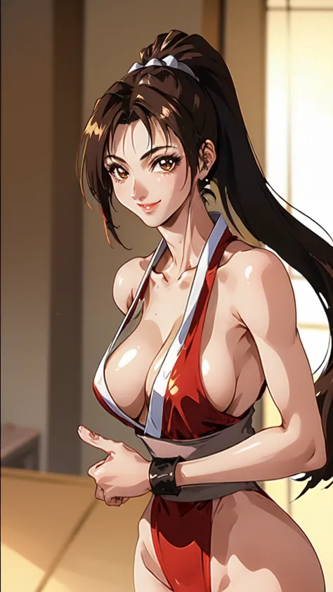 ((upper body、mai shiranui,ponytail,background is a japanese-style room in a japanese house:1.3)),upper body, looking at the audi...