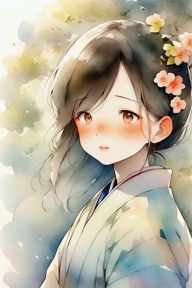 A close-up of a beautiful 30-year-old Japanese woman gazing up at the sky, painted in watercolor style. The composition focuses on her facial expression, capturing her gentle, thoughtful look as she gazes upward. Her delicate features, such as her eyes, nose, and lips, are highlighted, with soft shadows and a flowing hairstyle framing her face. The watercolor effect adds a dreamy quality to the image, with subtle, vibrant colors creating a serene and tranquil atmosphere around her.