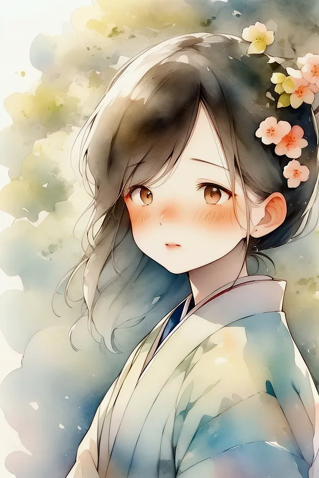 a close-up of a beautiful 30-year-old japanese woman gazing up at the sky, painted in watercolor style. the composition focuses ...