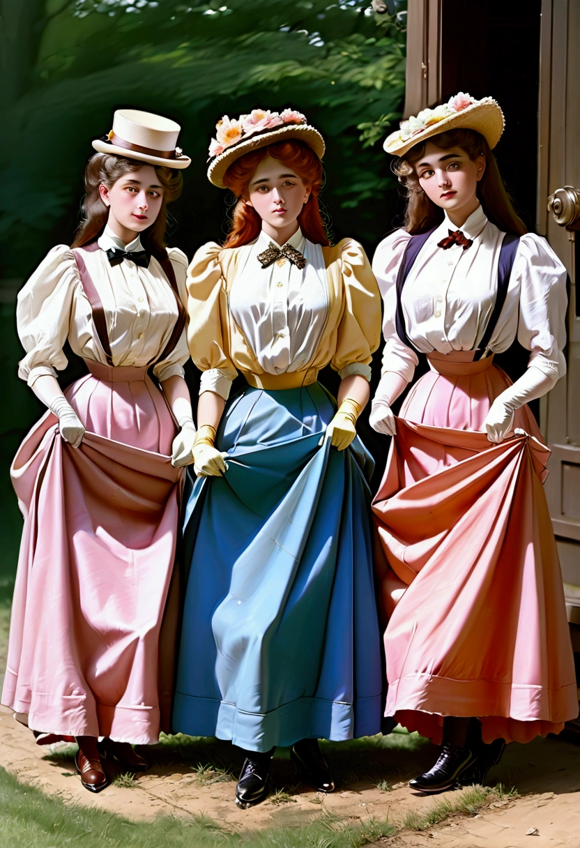 A group of teenage girls, of different hair colors, ages 13 to 15, flirting with old perverts in the 1890s, (((pulling up their long skirts, revealing their high-waisted bloomers))). Victorian setting. 1890_dr3ss. Year 1898. Colorful high-collar shirtwaists with puff sleeves, long skirts, elegant hats, ribbon ties and cameo brooches, gloves, petticoats, thigh-high silk stockings with garters and button boots.