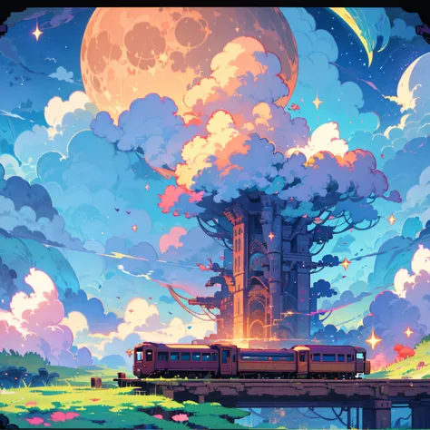 pixel art,night sky with beautiful stars,full moon,the train runs in the sky,