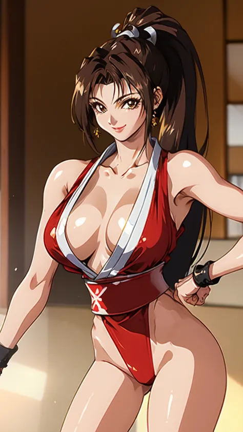 ((upper body、mai shiranui,ponytail,background is a japanese-style room in a japanese house:1.3)),upper body, looking at the audi...