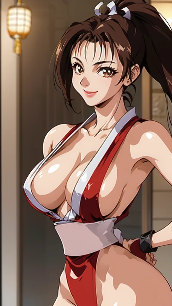 ((Upper Body、Mai Shiranui,ponytail,Background is a Japanese-style room in a Japanese house:1.3)),upper body, Looking at the audience,Slim and sexy figure, the best quality, (8k), (4K),(masterpiece), (the best quality), Extremely detailed, Game CG, Ultra Detailed, illustration, Beautiful Body,Beautiful nose,fair character design, Perfect Eye, Perfect Face , 1 girl, 30 years,Fair Finger,Fair body, Fair Nose,Fair character design, perfect Eye, perfect Face,expressive Eye,Perfect balance,(Focus on her Face),(Light_Smile:0.3), official art,Extremely detailed CG Unity 8K wallpaper, Perfect lighting,rich and colourful, bright_front_Face_Lighting,White skin, (masterpiece:1.0),(the best_quality:1.0), Ultra-high resolution,4K,Ultra Detailed, photography, 8k, HDR, high resolution, Kodak Portrait 400, Film Grain, Blurred background, bokeh:1.2,Professional photographer, (Fair,Big goals_Chest:1.4), underwear,lace, underwear, lingerie、(((smile,pretty face:1.3)))