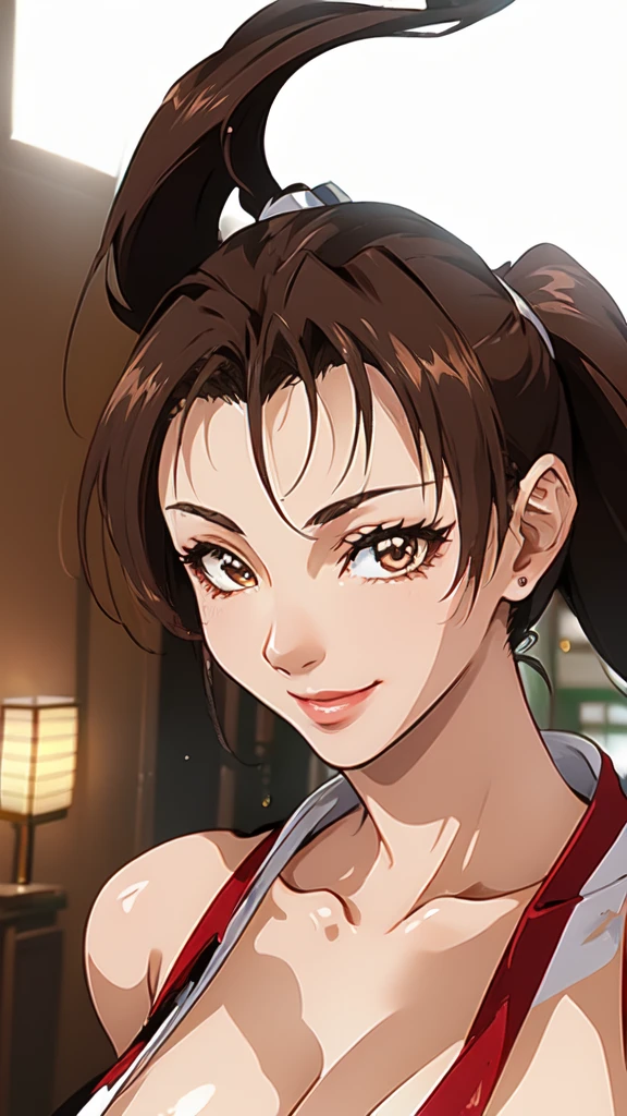 ((Upper Body、Mai Shiranui,ponytail,Background is a Japanese-style room in a Japanese house:1.3)),upper body, Looking at the audience,Slim and sexy figure, the best quality, (8k), (4K),(masterpiece), (the best quality), Extremely detailed, Game CG, Ultra Detailed, illustration, Beautiful Body,Beautiful nose,fair character design, Perfect Eye, Perfect Face , 1 girl, 30 years,Fair Finger,Fair body, Fair Nose,Fair character design, perfect Eye, perfect Face,expressive Eye,Perfect balance,(Focus on her Face),(Light_Smile:0.3), official art,Extremely detailed CG Unity 8K wallpaper, Perfect lighting,rich and colourful, bright_front_Face_Lighting,White skin, (masterpiece:1.0),(the best_quality:1.0), Ultra-high resolution,4K,Ultra Detailed, photography, 8k, HDR, high resolution, Kodak Portrait 400, Film Grain, Blurred background, bokeh:1.2,Professional photographer, (Fair,Big goals_Chest:1.4), underwear,lace, underwear, lingerie、(((smile,pretty face:1.3)))