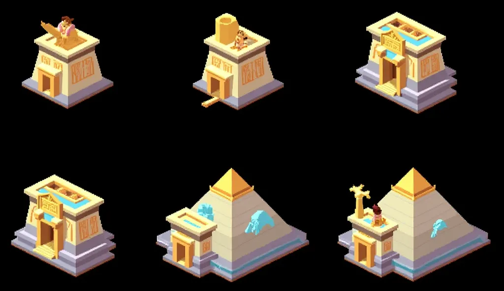 a close up of several different types of buildings, giant tomb structures, monolithic temple, egyptian setting, desert temple, ancient temple, Pyramid portal, castles and temple details, mysterious temple setting, isometric game asset, game assets, game icon feature, ancient Pyramid, game asset, game asset occult, large temples, Pyramid, Old buildings, temple