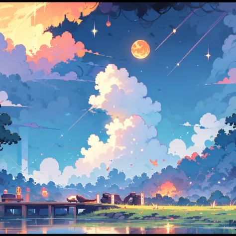 pixel art,星が綺麗なnight空を鉄道が走っている,night