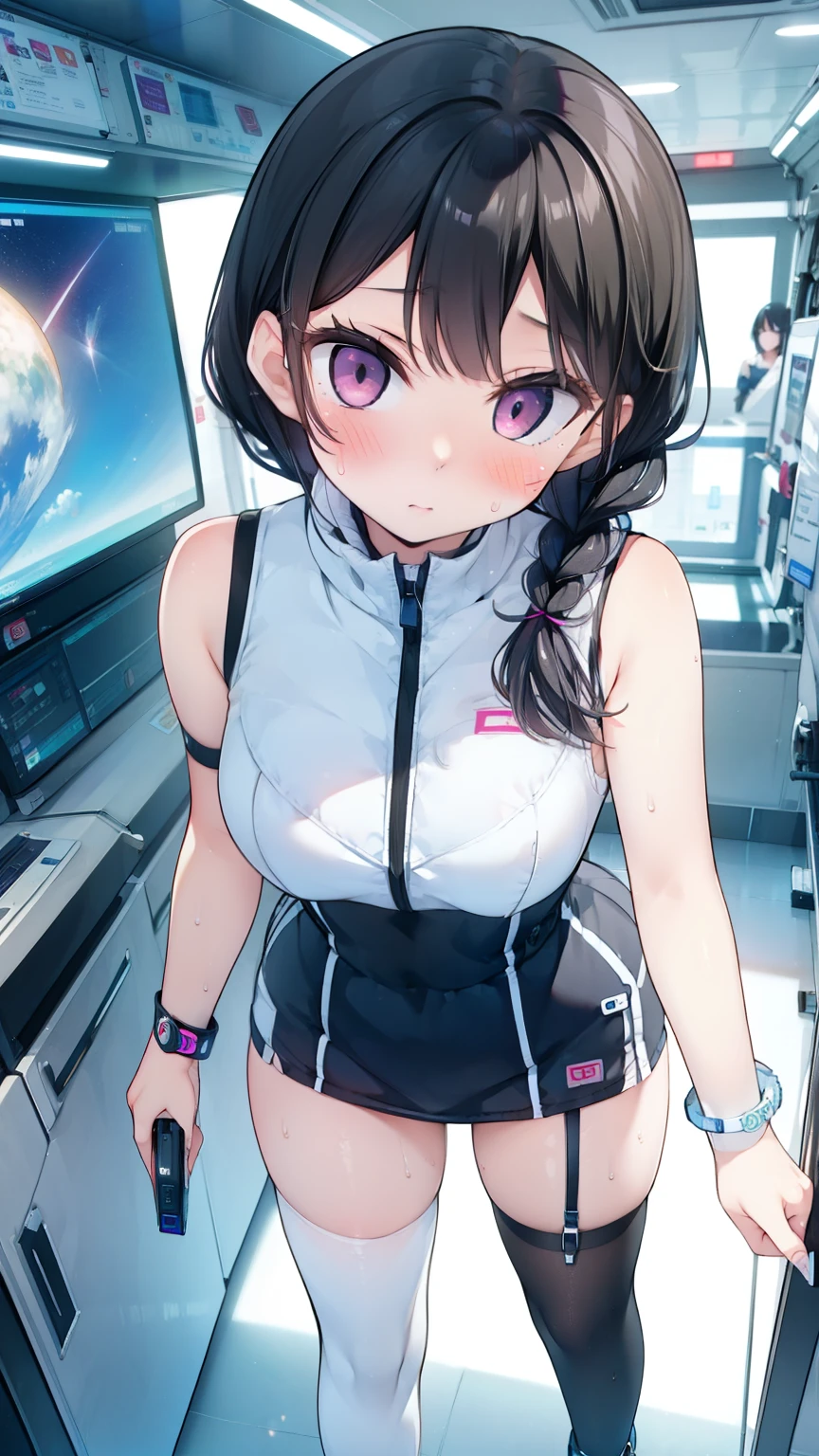 (Highest quality), (masterpiece), 1080P, High resolution, 4K, 8k, Inside the space station、Futuristic room、Thigh straps, Shooting from directly below, The woman on top of me, 白いSweat, Covered , Sweat, Woman looking down, Skirt swimsuit, Thigh-high socks, To achieve this, , , whole body, Black leather shoes, Braided hair, Inner Color, Embarrassed face, Short black hair, bracelet, Bedroom,celestial body_Vest
