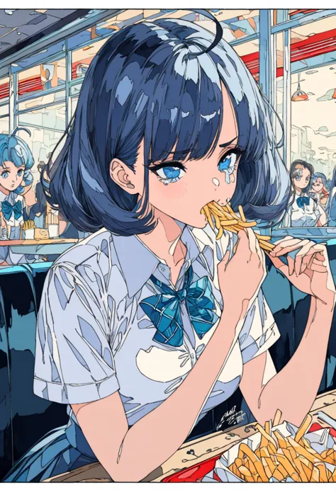 (((beautiful detailed)))(cute face:1.2)1girl, a girl stuffing her face with french fries, girl crying while eating a pile of fre...