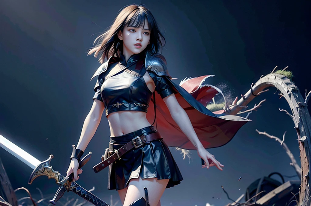 official art,extremely detailed CG unity 8k wallpaper, best quality,masterpiece, highres,{{guro}},{{bloody}},{{1vs1_sword_duel}},{{{girl_and_enemy_both_kill_eachother_simultaneously_in_sword_duel}}},after_duel,girl_injured,{{wounds_on_belly}},{{scar_on_belly}},cut_down,open_mouth,mortally_strike,impale,girl_dying,{{enemy_deadbody}},open_mouth,1girl,shorthair,blackhair,grayeyes,ninja,longboots,miniskirt,gloves,sword,midriff,leather_armor,{{enemy_killed_by_girl}},{{girl_killed_by_enemy}},