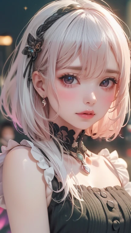 （8K，RAW photos， Best quality，Realistic images,
Long hair、((Extremely detailed),  (best quality), (Gothic_punk, 1 Girl, Solitary, Medium shot, Strolling through Harajuku, ((at night)), Bokeh, Neon lights, iridescent eyes, Starry Sky, White glitter hair, White eyebrow, Shiny hair, (Rainbow-colored white hair), earrings, Bangs, Jewelry, mask, blunt Bangs, Green Eyes, mouth mask, Vague background, Vague, Hair accessories, Looking at the audience, short hair, portrait, Side lock