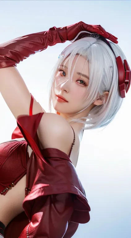 there is a woman with white hair and red gloves posing., trend on cgstation, 🌺 society, photorealistic render of anime girl, ren...