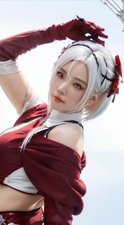 there is a woman with white hair and red gloves posing., trend on cgstation, 🌺 society, photorealistic render of anime girl, ren...