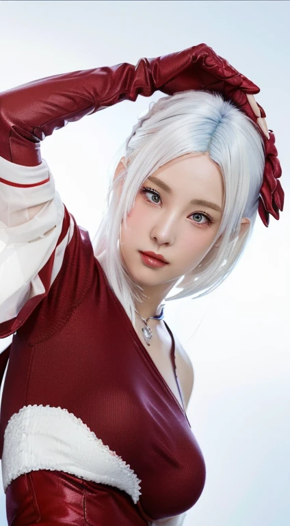 There is a woman with white hair and red gloves posing., trend on cgstation, 🌺 society, photorealistic render of anime girl, render of a cute 3d anime girl, Girl with white hair, guweiz, trend on cgstation, April render, Trends in CG society, soft anime cg art, artegerm ; motor irreal 3d