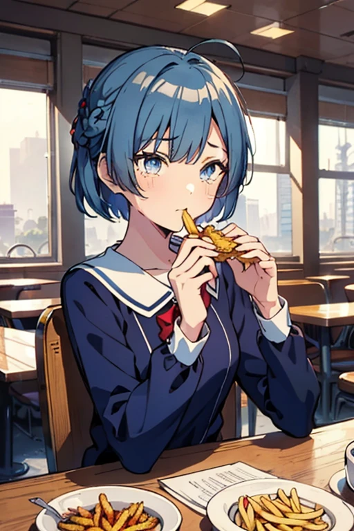 (((beautiful detailed)))(cute face:1.2)1girl, A girl stuffing her face with french fries, Girl crying while eating a pile of french fries, Inside a 1950s-style diner, 1950s-style interior, Navy blue hair, blue eyes, A short-sleeved white shirt with four vertical bow ties, Ahoge, long bob cut with fluffy hair(sharp lines:1.2)(clear line:1.2)(eye details:1.3)(thick border:1.4) animation cel style,ligne claire, limited palette((masterpiece, high quality, best quality))(low contrast: 0.5),Anna yanami, blue hair, blue eyes, school uniform, makeine, too many losing heroines,Watercolor style, watercolor pencil, paper texture,90s style,Anna yanami, blue hair, blue eyes, school uniform, makeine, too many losing heroines, 