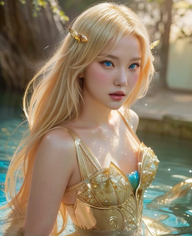 a close up of a woman with a golden butterfly shaped coeset in a body of water and blue like eyes, fantasy woman, ross tran 8k, Oh! |, karol behind uhd, Oh! jeremy lipkin, beautiful mermaid, Wojtek FUS, blonde goddess, Beautiful lady, Oh! art, intricate Oh!, hyperrealistic fantasy art, blonde hair princess, ross tran and Oh!