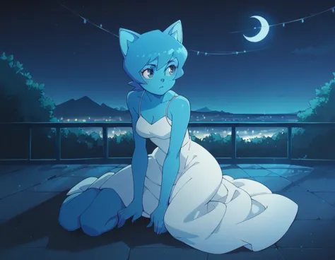 nicole watterson, blue skin, blue hair, cat ears, blue eyes, outdoors, sitting on floor, white dress, beautiful dress, looking t...