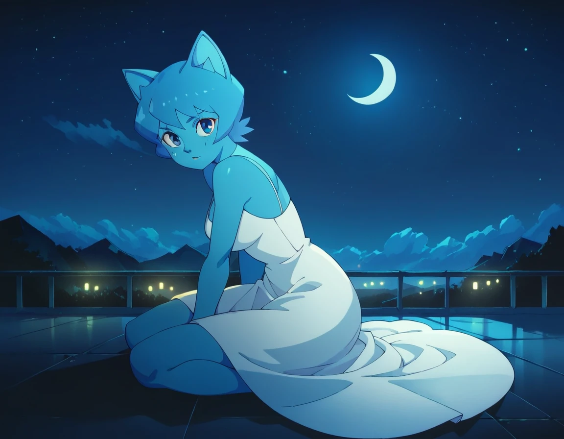 Nicole Watterson, blue skin, blue hair, cat ears, blue eyes, outdoors, sitting on floor, white dress, beautiful dress, looks at sky, night, Northern_Lights, big moon, beautiful landscape, alone