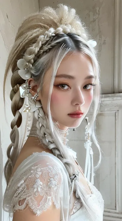 a close-up of a woman in a white dress and a lace headdress., white braids, cyberpunk rococo, she looks like a mixture of dirt, ...