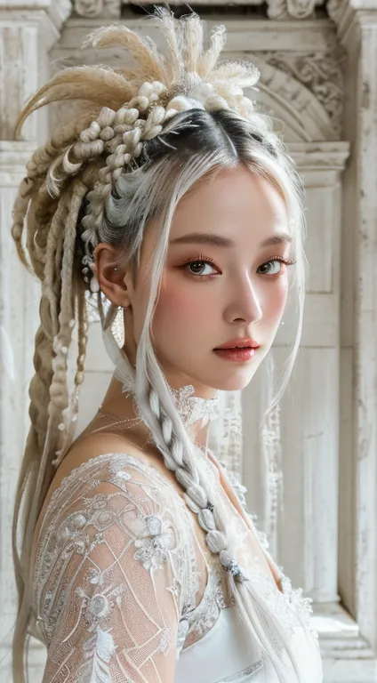 a close-up of a woman in a white dress and a lace headdress., white braids, cyberpunk rococo, she looks like a mixture of dirt, ...