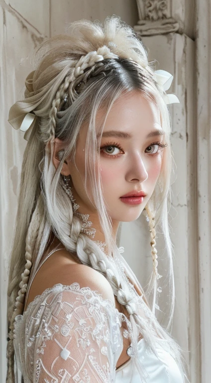 A close-up of a woman in a white dress and a lace headdress., white braids, cyberpunk rococo, she looks like a mixture of dirt, looks like a mixture of dirt, by baroque, white curly hair, Worn out elaborate hair, Elegant fantasy style braids, white hair dreadlocks, Beautiful white hair, similar to a mixture of dirt