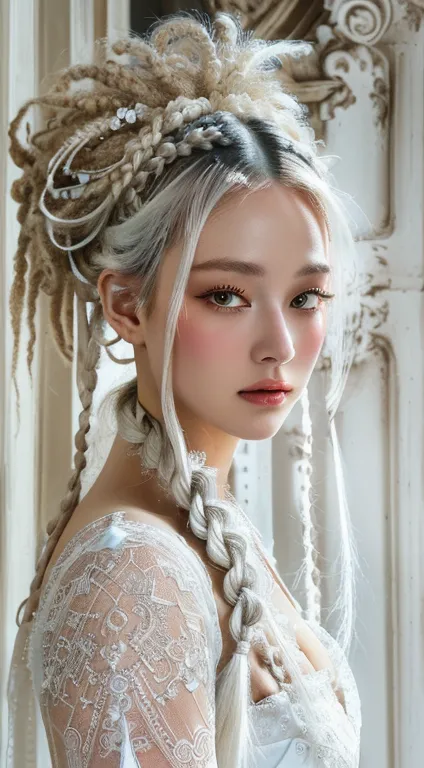 a close-up of a woman in a white dress and a lace headdress., white braids, cyberpunk rococo, she looks like a mixture of dirt, ...