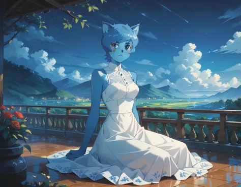 nicole watterson, blue skin, blue hair, cat ears, blue eyes, outdoors, sitting on floor, white dress, beautiful dress, looks at ...