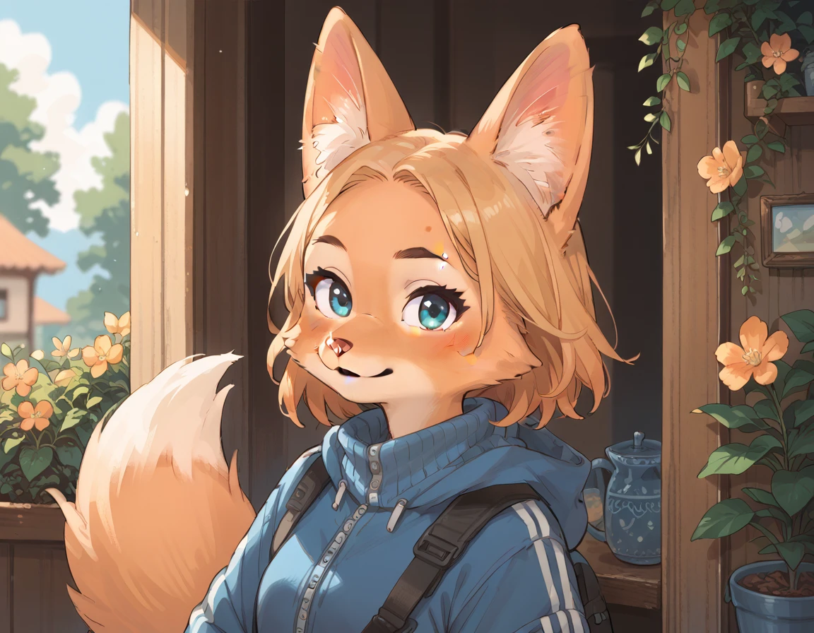 1girl, alone, furry, kid girl, fox, face similar to Diane Foxington, with hair, blonde hair, blue eyes, ginger fur, fox ears, fox tail