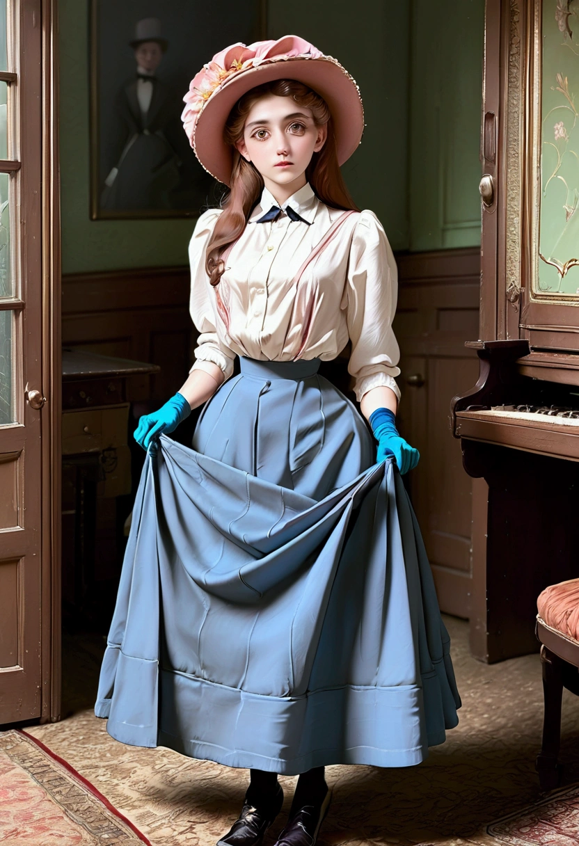 A group of gorgeous teenage girls, of different hair colors, ages 13 to 15, flirting with old perverts in the 1890s, (((pulling up their long skirts, revealing their high-waisted bloomers))). Victorian setting. 1890_dr3ss. Year 1898. Colorful high-collar shirtwaists with puff sleeves, long skirts, elegant hats, ribbon ties or cameo brooches, gloves, petticoats, thigh-high silk stockings with garters and button boots. Big eyes