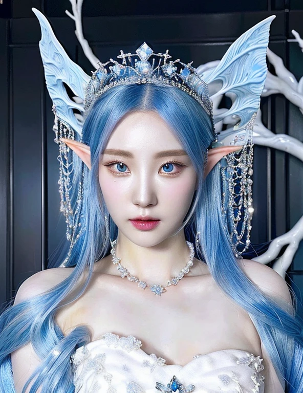 A close-up of a 1 female with blue hair wearing a tie., a beautiful fantasy empress, ((a beautiful fantasy empress)), ultra realistic fantasy tiara, Beautiful and elegant elf queen, Azur. Detailed hair, porcelain white skin, pale porcelain white skin, sea queen mu yanling, hyper detailed fantasy character, 8K high quality detailed art