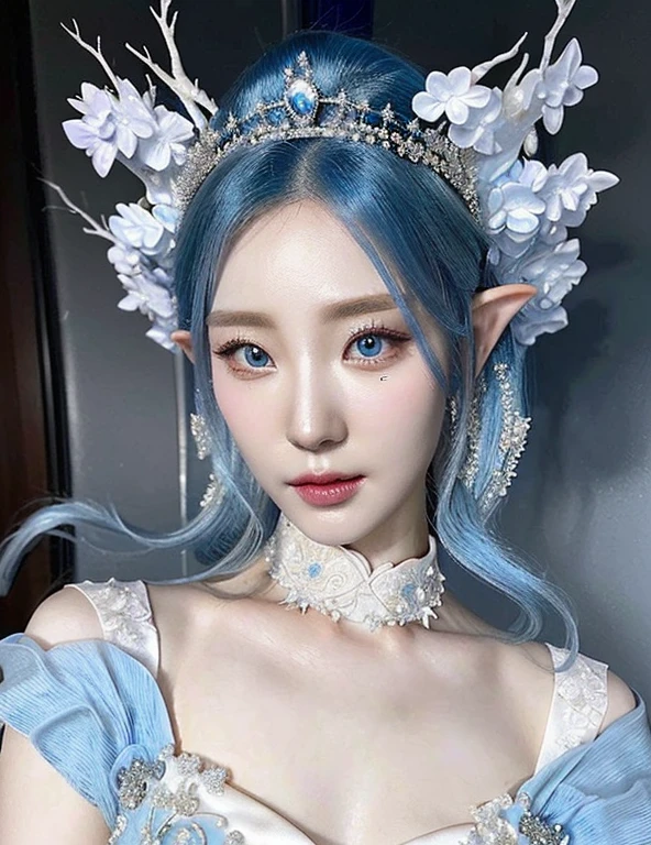 A close-up of a 1 female with blue hair wearing a tie., a beautiful fantasy empress, ((a beautiful fantasy empress)), ultra realistic fantasy tiara, Beautiful and elegant elf queen, Azur. Detailed hair, porcelain white skin, pale porcelain white skin, sea queen mu yanling, hyper detailed fantasy character, 8K high quality detailed art