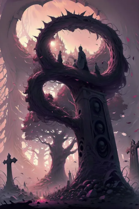 gothic cemetery at dusk、a dark and mysterious image. old, twisted trees々weathered gravestones stand in between, tree stretching ...