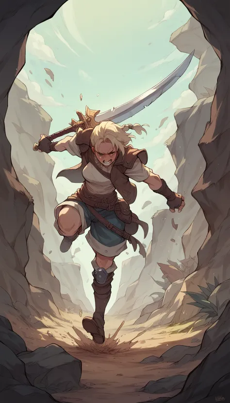 adventurous woman fantasy world,struggling falling on the dirt road path,she has a sword and fights goblins