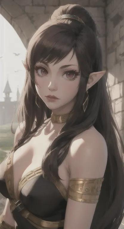 ancient hylian, devine princess tifa lockhart, looking at viewer, pov, ancient golden goddess armor, long messy hair, ancient hy...