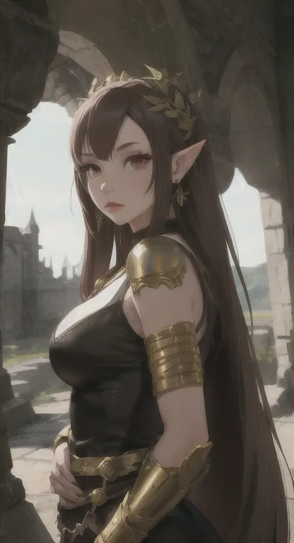 ancient hylian, devine princess tifa, looking at viewer, pov, ancient golden goddess armor, long messy hair, ancient hyrule, med...