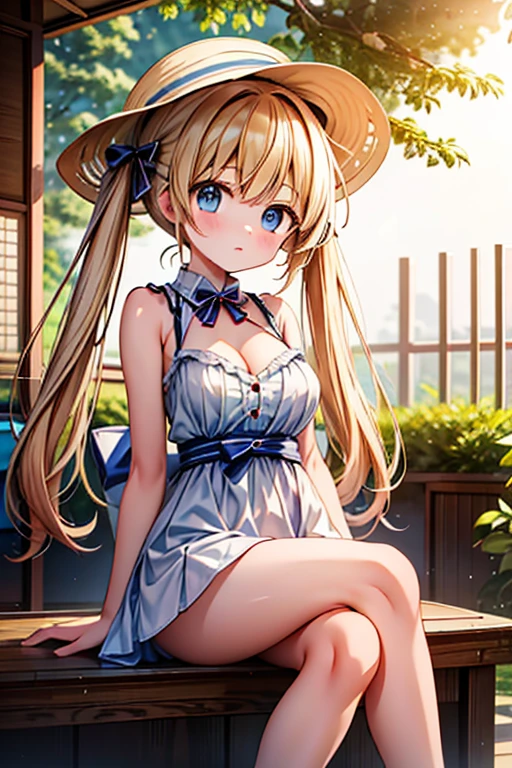 Highest quality,masterpiece,8k,Anime Style,Blonde with blue eyes、camisole、race,White camisole dress micromini skirt,Cleavage,Side view,Large Breasts、sidetie panties,NSFW, Twin tails、Cute eyes,sun hat(sun hat),Japanese Festivals,Stall,evening,Smooth thighs,Accentuate your breasts,Thighs,Sitting with legs crossed,